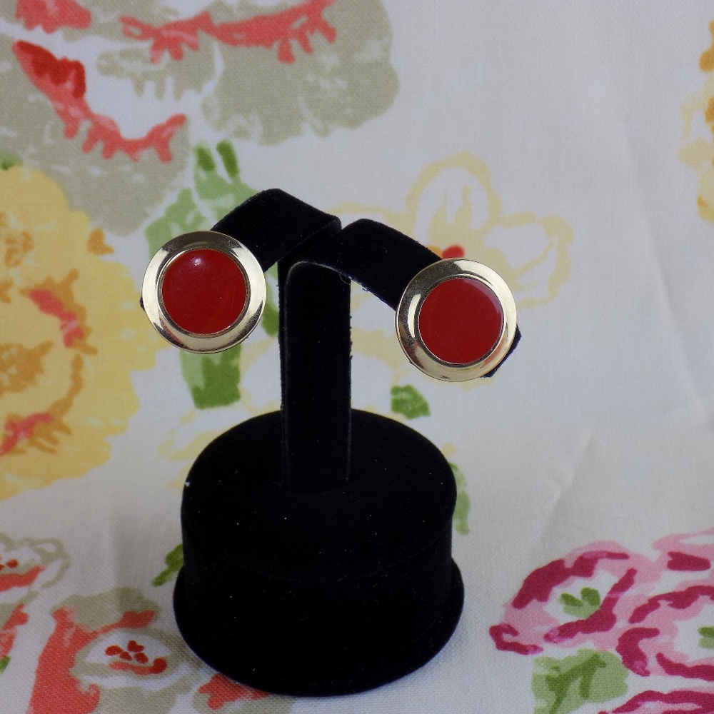 MONET Red Enamel Gold Tone round Earrings Clip On